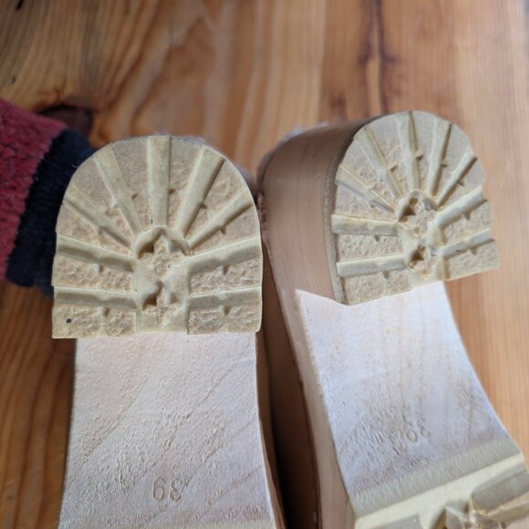 Butterscotch No 6 Leather Wood Block Mid Heel Shearling Lined Slip On Liza Clogs - Picture 13 of 14